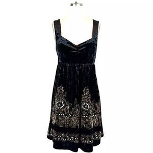 Free People Babydoll Velvet Dress Sleeveless‎ Black Gold Sequins Sz M Whimsigoth